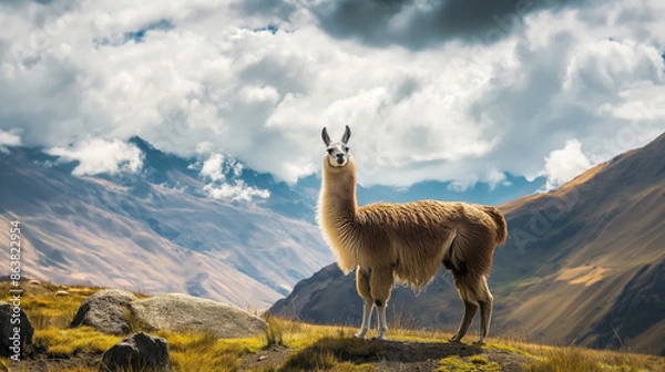 Fototapeta A llama standing majestically against a backdrop of the Andean mountains, with a cloudy sky overhead.