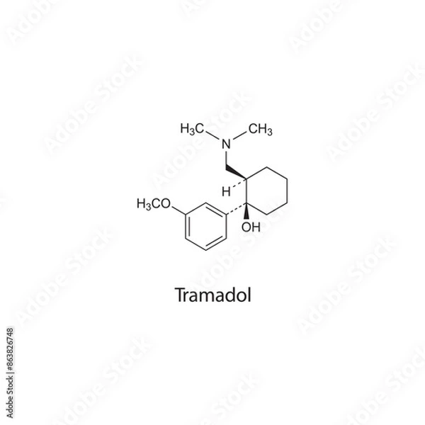Fototapeta Tramadol flat skeletal molecular structure Opioid analgesic drug used in Pain treatment. Vector illustration scientific diagram.