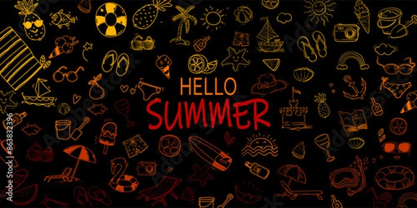 Obraz Set of summer, beach element pattern doodle design background illustration