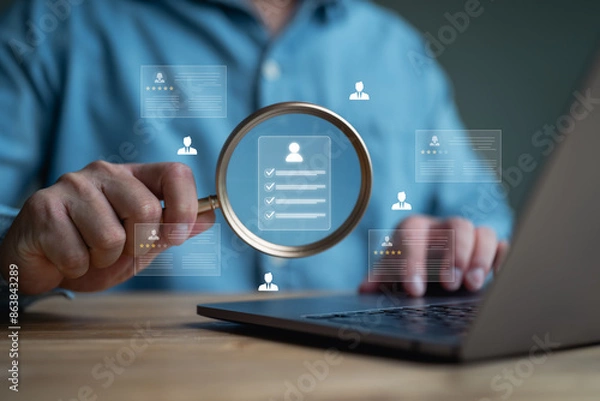 Fototapeta Hr, HRM, Human resources management concept. Check resume, Screening employee information, job applicants, Employees must complete the online survey form, answer the test questions.