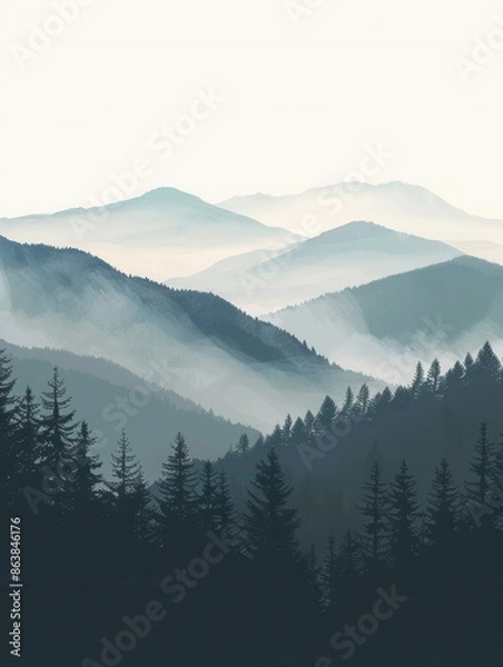 Obraz A scenic view of a mountain range at dawn, with the first rays of sunlight illuminating the peaks and creating a tranquil and inspiring scene. Generative AI