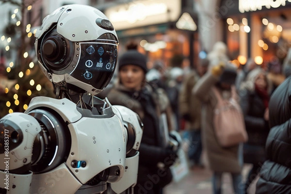 Fototapeta Generative AI creative picture Robot cyborg in activities of daily life routine living together with people