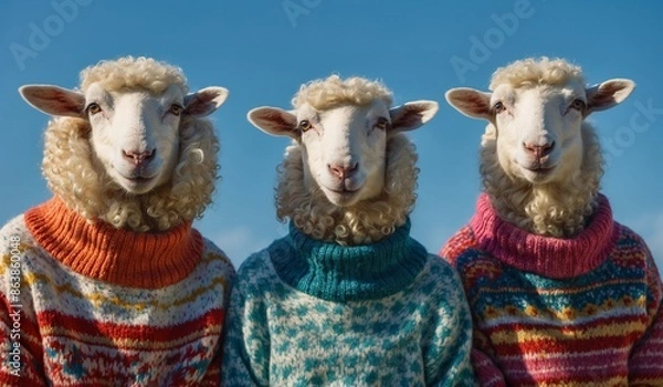 Fototapeta Three sheep in colorful sweaters lined up outdoors