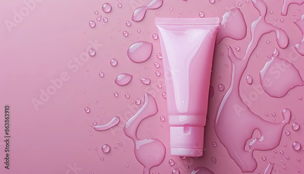 Fototapeta Moisturizing cream in tube on pink background with water drops, top view. Space for text