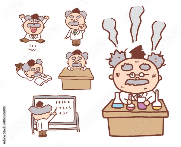 Fototapeta 茶色の線画の丸っこくてかわいい髭の博士