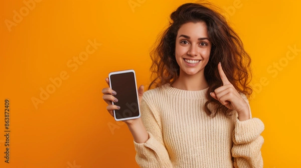 Obraz Woman pointing on blank smartphone screen