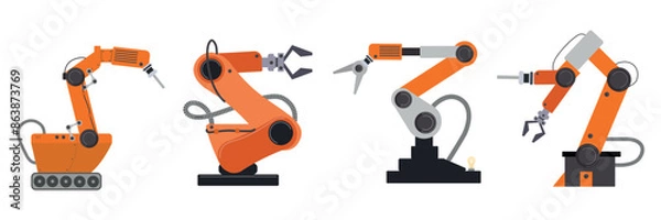 Fototapeta Set of robotic devices in cartoon style. Vector illustration of industrial robot manipulators for sorting on a conveyor belt isolated on white background. Execution of various production processes.