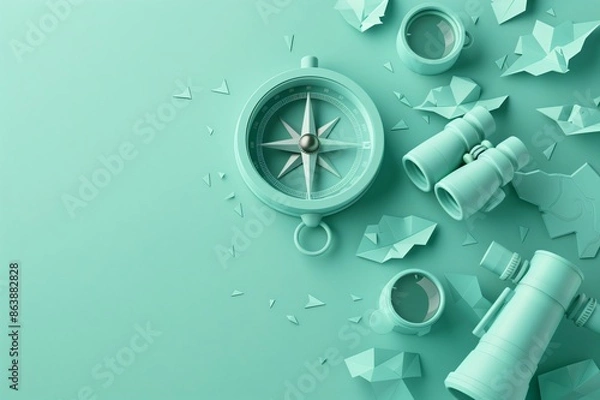 Fototapeta Compass guiding the way surrounded by exploration tools on green background