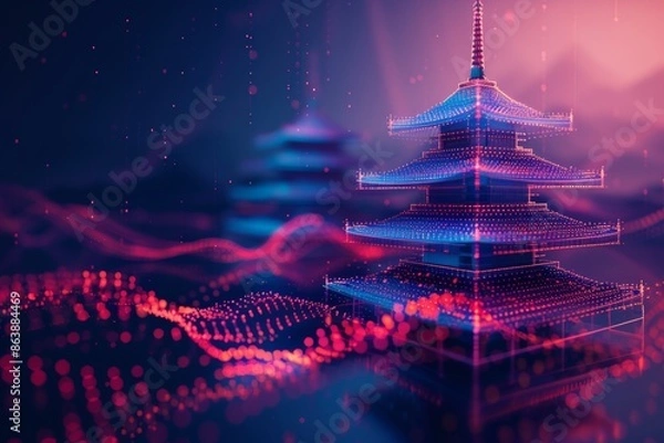 Fototapeta 3d japanese pagoda emerging from futuristic data flow