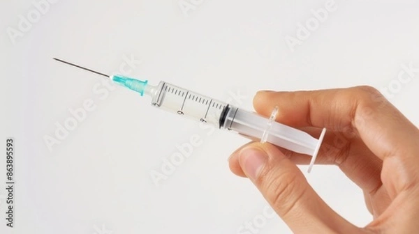 Fototapeta A close-up of a hand holding a medical syringe, representing the use of injections for administering medication and vaccines.
