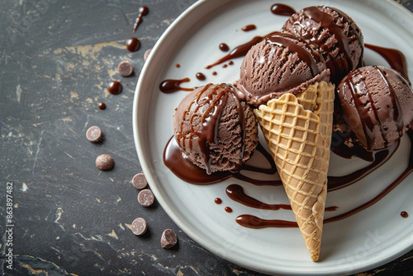 Obraz ice cream in a cone and balls on a white plate with chocolate sauce