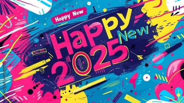 Fototapeta New Year 2025 Vector Illustration with Bold Lines, Bright Colors, and Festive Elements