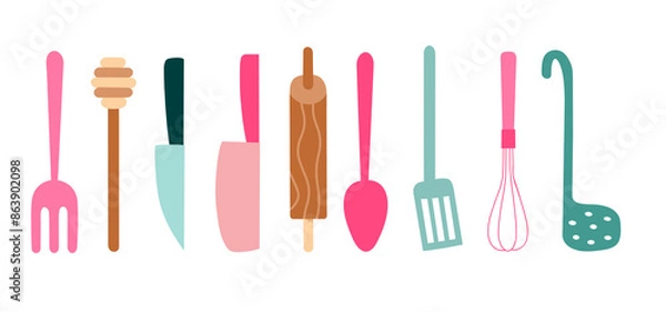 Fototapeta Colorful sets of silhouette kitchen tools. icon for cooking and dinning, flat illustration isolated on white background 