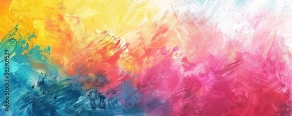 Fototapeta An abstract background filled with vibrant brush strokes in shades of pink, purple, blue, and orange. The texture and movement in the brush strokes create a dynamic and artistic visual.