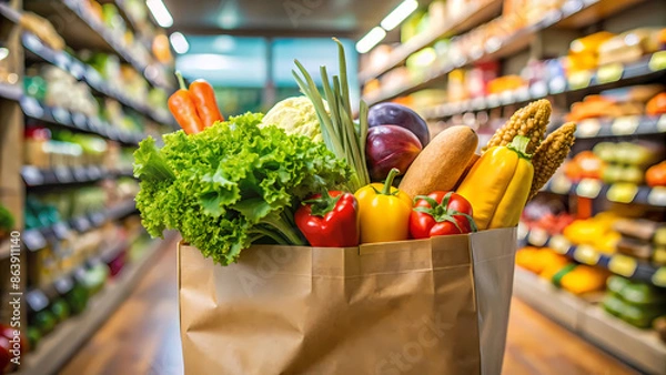 Fototapeta eco paper bag with grocery shopping vegetables on the background of a supermarket