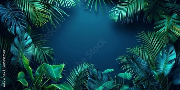 Fototapeta Lush Tropical Leaves Against Dark Background with Blue and Green Tones