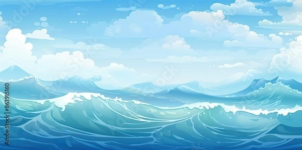 Fototapeta Ocean Waves Illustration with Blue Sky and Clouds