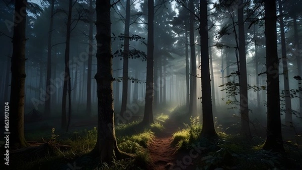 Fototapeta a forest with fog on the background