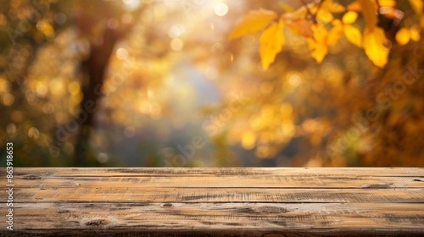 Fototapeta Photo of table and space, autumn background for your product display.