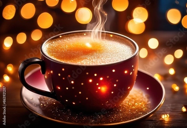 Fototapeta steamy hot drink surrounded sparkling fairy lights, beverage, warm, cup, mug, coffee, latte, cappuccino, espresso, twinkling, glowing, magical, enchanting