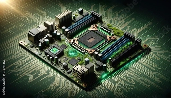 Fototapeta Eco-friendly microchip on circuit board