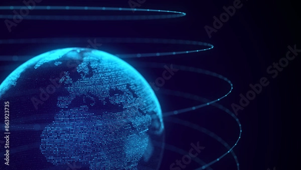Obraz Global world network concept. Safety wireless network connection technology. Big data analytics and visualization. Science background with blue planet Earth. 3D rendering.