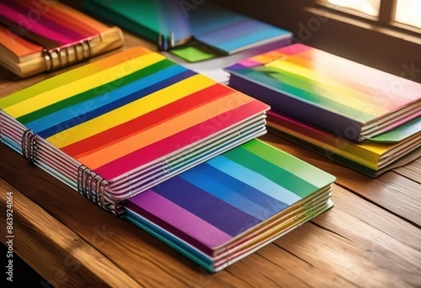 Fototapeta vibrant rainbow notebooks arranged neatly back school supplies, lgbtq, pride, colorful, love, equality, array, assortment, variety, spectrum, collection