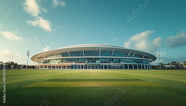 Fototapeta 3D render of a large modern football stadium with green grass and blue sky