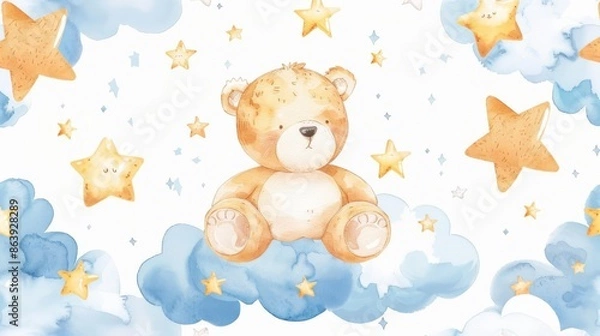 Fototapeta The flying bear superhero is illustrated in watercolor with clouds and stars and a seamless pattern.