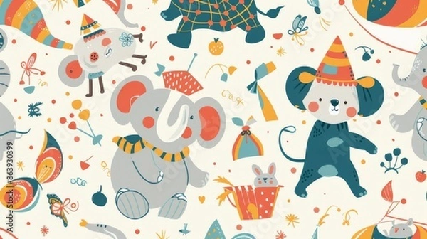 Fototapeta A circus show with a big elephant, a mouse, a cute bear, a funny bunny, and a juggling cat. Vintage seamless pattern.