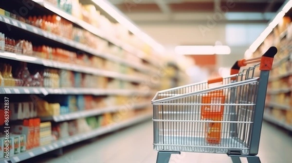 Fototapeta Supermarket aisle with shopping cart, shelves blurred in the background for shopping concept