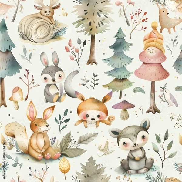 Obraz Illustration of bunnies in the park. Colorful background, green forest. Perfect for children's rooms.