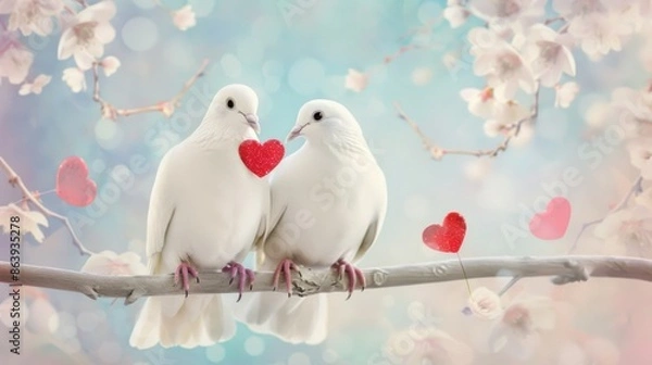 Fototapeta A pair of doves with heart decorations with soft romantic background, Valentine's day