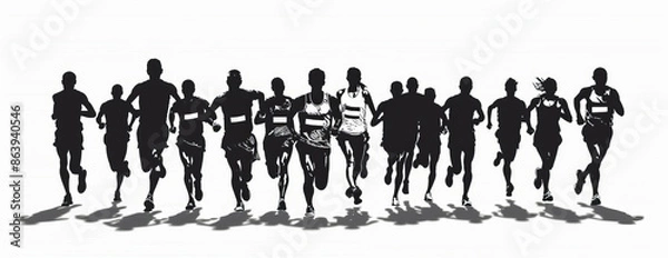 Obraz Eye-level angle marathon run, dynamic group of diverse men and women running, isolated vector silhouettes on a crisp white background, strong contrast, minimalist design