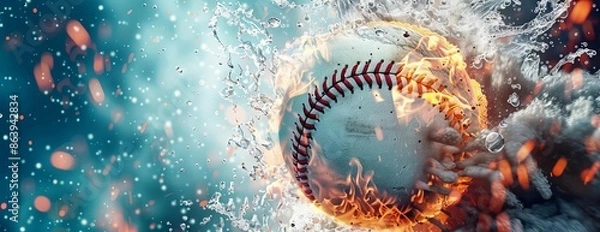 Obraz High-angle baseball with dramatic fire and water elements, dark minimalist background, designed for striking visual impact, hyper-realistic rendering