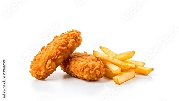 Obraz Two crispy fried chicken fillets and golden french fries on a white background, showcasing a perfect meal combo.
