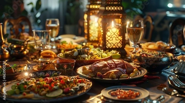 Fototapeta Festive table served  with traditional dishes