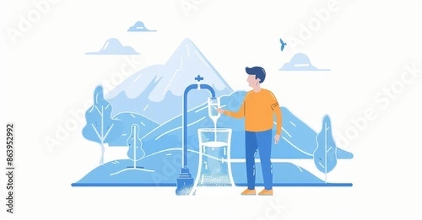 Fototapeta A healthy and safe environment with pure liquids. Clean mineral mountain water, transparent background illustration. Flat, tiny drinking persons concept.