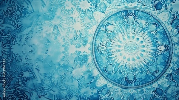 Fototapeta A delicate floral design featuring a symmetrical arrangement of floral patterns in light blue and white tones, embodying nature's elegance and artistic symmetry.