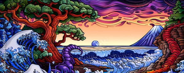 Fototapeta A painting of a beach with a tree and a mountain in the background. The sky is orange and purple, and the water is choppy