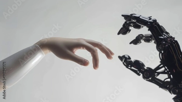 Fototapeta A serene image depicting a human hand gently reaching towards a robotic hand, illustrating the delicate relationship between organic life and machinery.