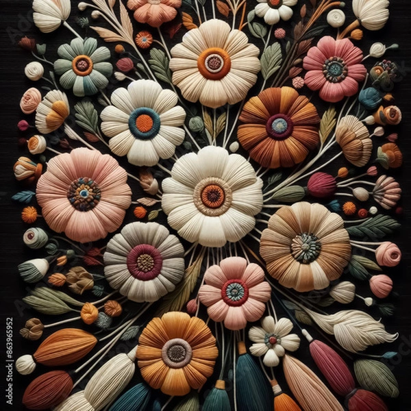 Fototapeta This image captures the essence of traditional embroidery, showcasing a vibrant and colorful display of floral designs. Spanish textile, floral pattern, 
flowers, creativity, diversity