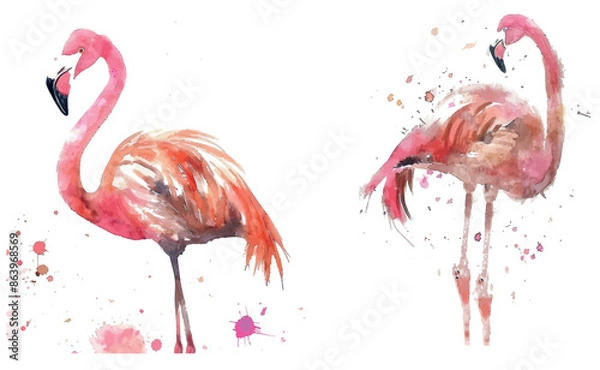 Fototapeta An exotic bird cute poster template with a painting of a flamingo in watercolor.