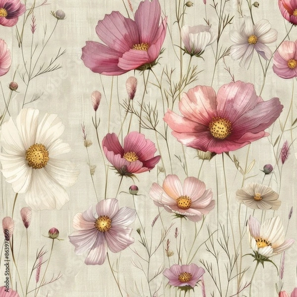 Fototapeta watercolor Cosmos flowers in soft pink, white, and magenta, aged linen background, charming botanical illustration, nostalgic floral beauty, seamless repeating pattern, minimal pattern