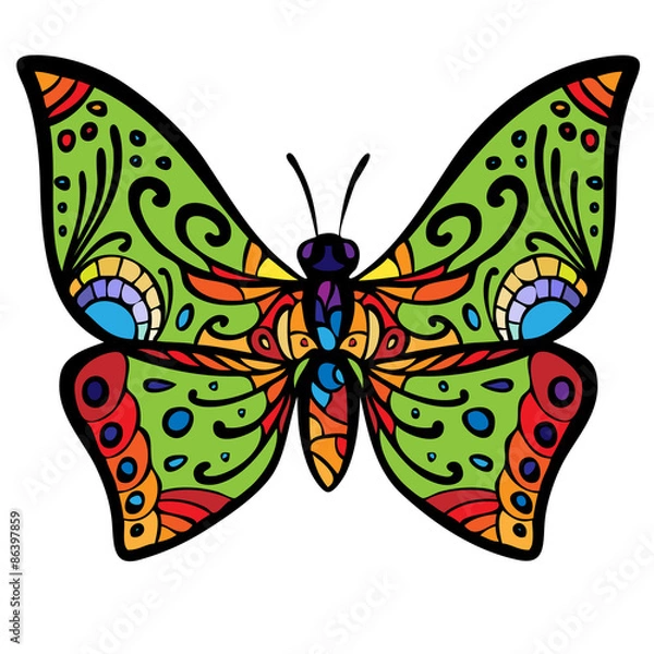 Obraz The stylized image of a butterfly, painted in psychedelic colors. Vector graphics.
