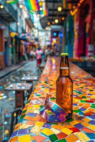 Fototapeta Celebrating gay pride and mardi gras with a bottle of beer and a colorful mask on a bar