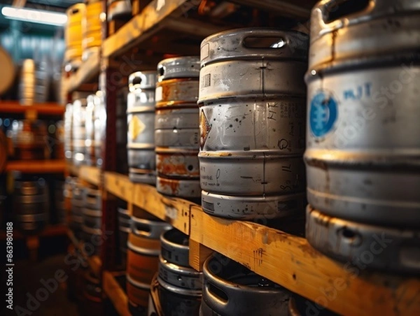 Fototapeta Rows of metal beer kegs stacked on wooden pallets in brewery storage room