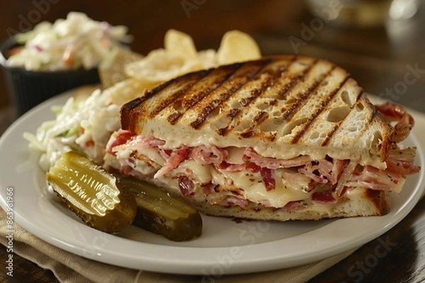 Fototapeta Grilled sandwich with pastrami, cheese, pickles and coleslaw on the side