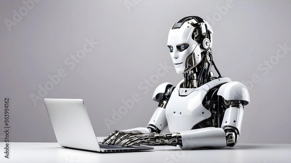 Obraz Businessman robot using artificial intelligence or machine learning, isolated on a clean background banner with copy space area, while working on a laptop