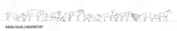 Obraz set of livestock, horse, chicken, pig, turkey, rabbit, cow, sheep one line art. Continuous line drawing of farm, nature, agriculture, farm animals, rural life, ranch.